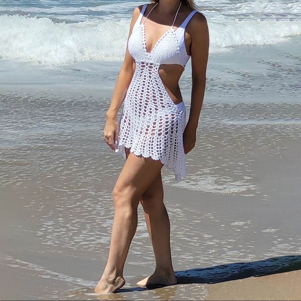 White Crochet Mini Beach Cover-Up Dress